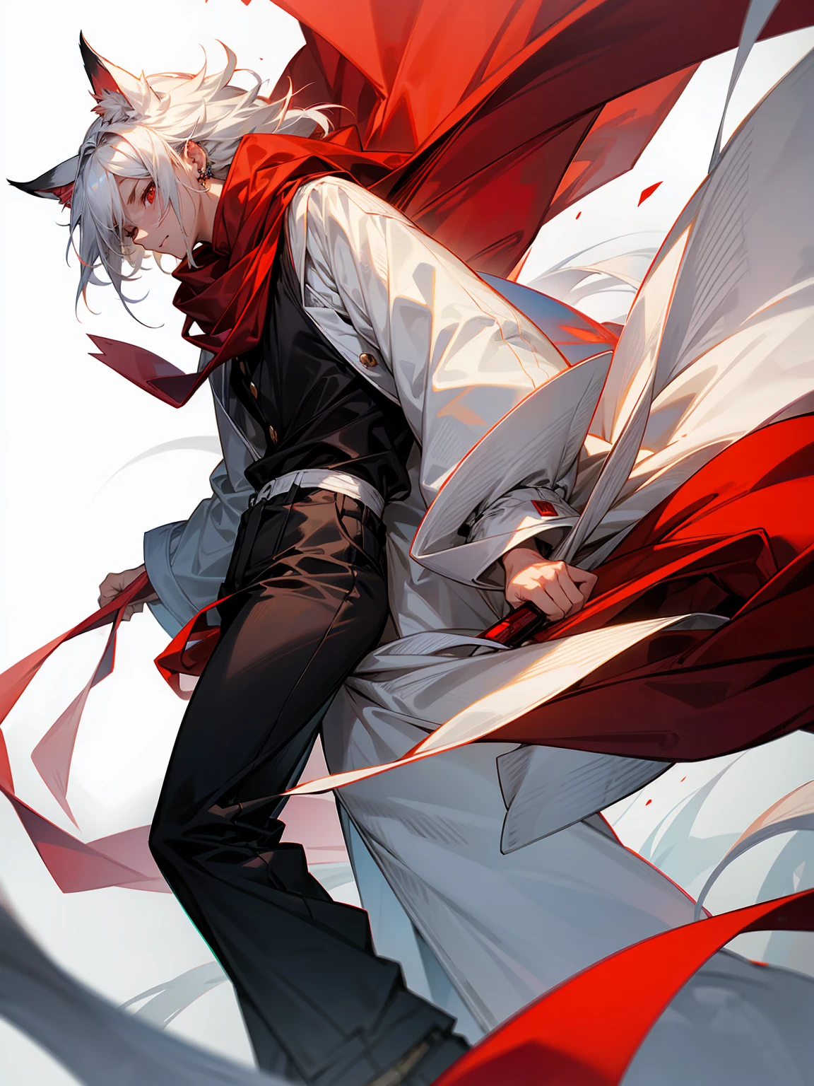1male, Adult, Long White Hair, White Baggy Long Sleeve Shirt, Baggy Black Pants, Red Eyes, Red Scarf, Earring, Masculine, Dog Ears