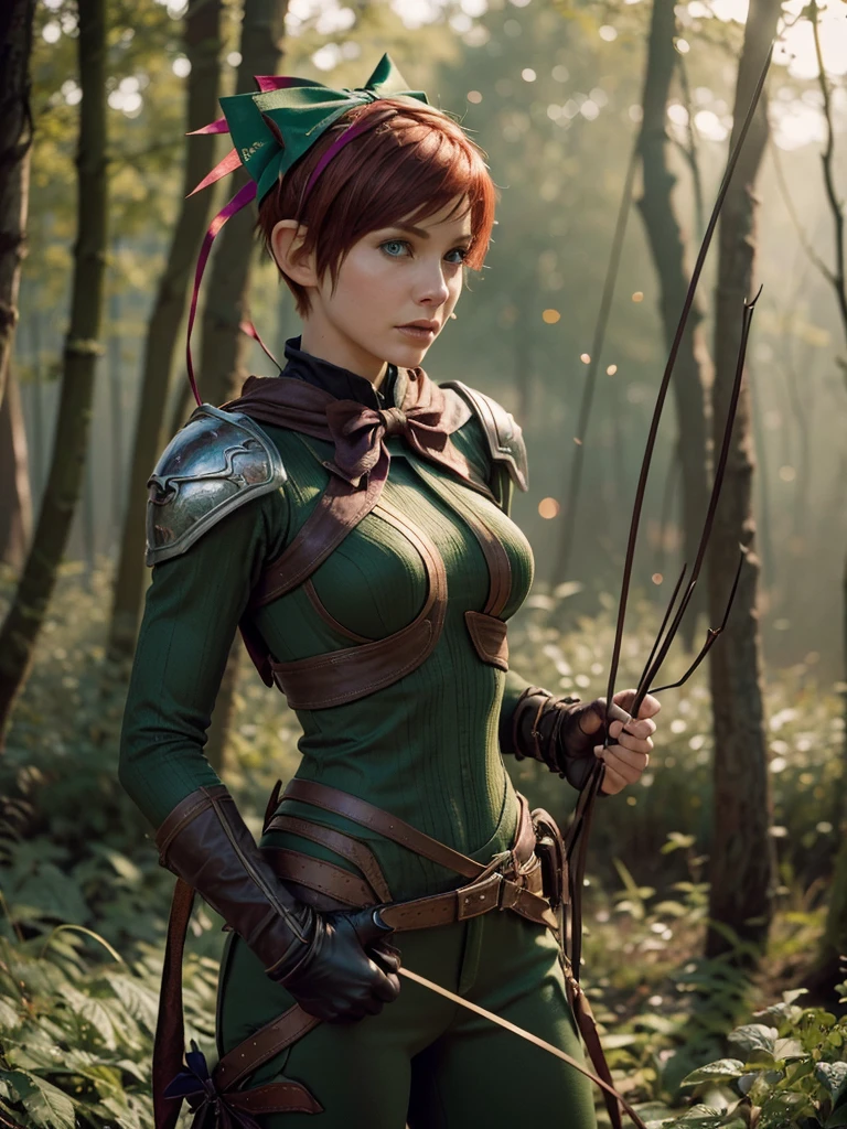 slim feminine figure, redhead, best quality, realistic skin texture, photography, film grain texture and high contrast, extremely high-resolution details, photographic, photorealistic, hyper-realistic, HDR, masterpiece, ((short pixie hair)), dressed up as a night elf hunter from world of warcraft, full green hunter armor, (((a bow))), a green lust forest in the background, brown pants