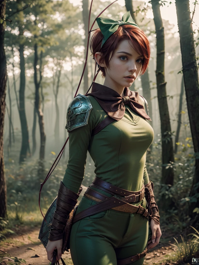 slim feminine figure, redhead, best quality, realistic skin texture, photography, film grain texture and high contrast, extremely high-resolution details, photographic, photorealistic, hyper-realistic, HDR, masterpiece, ((short pixie hair)), slim waist, dressed up as a night elf hunter from world of warcraft, full green highly decorated hunter armor, a green lust forest in the background, brown pants, brown gloves