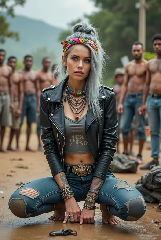 russian milf woman, grey  hair (top bun, shaved sides), colourful bandana as headband, with very light blue eyes, extremely pale skin. Wearing tight cropped aged black moto jacket studded collar) with lots of zippers and pins, flipped up collar. Worn skinny dark low rise blue jeans with patches, wet knees. Wrinkled cropped t-shirt with gothic letters. Barefoot, with bracelets around ankles. Chain around hips like belts. Dirty knees, dirty feet and muddy hands. Wide studded belt. Lots of metallic bracelets, lots of boho pendants and lots of colourful beads collars. Long huge boho. Chains around the hips. Squatting on a puddle with hands on her hips, looking up, chin up, stretching her neck , humble facial expression. Bracelets in ankles and rings in fingers. Black nail polish. studded black leather tote bag with chain on the floor, next to her.. Listening looking up in amazement to somebody speaking to her from the sky, upper teeth visible. Well toned abdominals, thin neck, slim legs and thin arms. Narrow hips Cleavage, stomach, neck, tigh and hands completely covered with tattoos. Dirt street in Kenyan village full of waste. A lot of tanned shirtless fat men in jeans around looking at her. next to her, all her belongings scattered on the floor: tobacco packs, makeup kit, little makeup mirror, studded black leather tote bag, lipstick, wallet, moble etc on the floor, point of view; from above