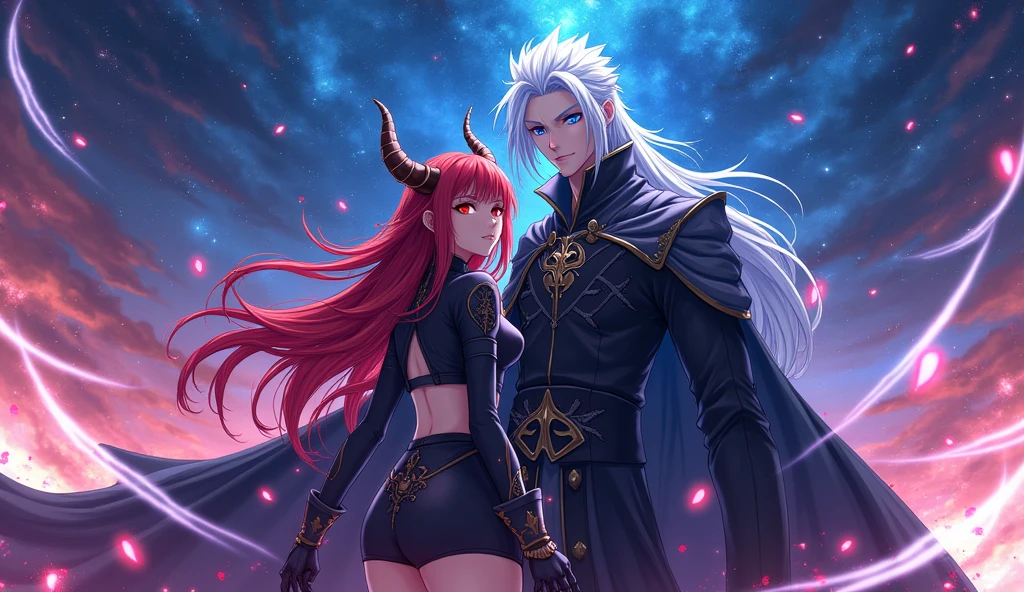  I want an anime style character. The character is a 1 with blue eyes and white hair. The character is the demon king. The clothes are black. The clothes are a black cape. The protagonist is with him. One with long red hair. A little bit of a hairstyle. The protagonist has a night job. The eyes are red. You can dress up your clothes. The protagonist has long hair. The protagonist has a demon outfit. The background is a starry night. A lot of magic lines. Everything is colorful. I want the protagonist&#39;s color to be a little more intense than the characters. I want the image in 4K.