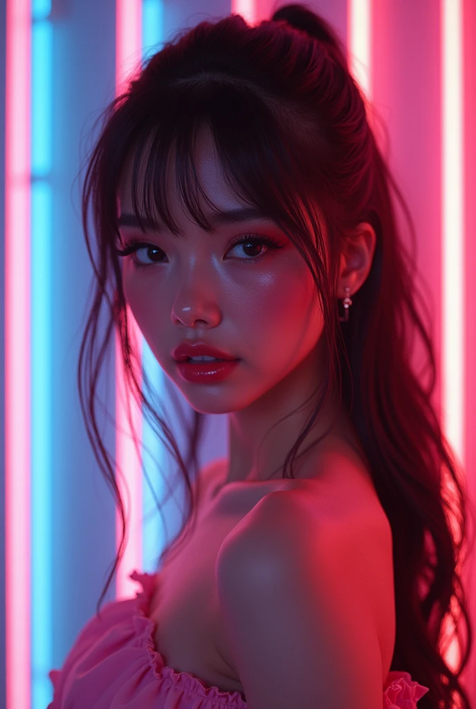 (full body shot, slim waist,  body:1.4), a super cute e-girl, beautiful detailed eyes, beautiful detailed lips, extremely detailed face, long eyelashes, cute outfit, neon lights, glowing skin, glossy makeup, colorful eyeshadow, pastel colors, kawaii aesthetic, cinematic lighting, 8k, high quality, photorealistic, detailed, digital art