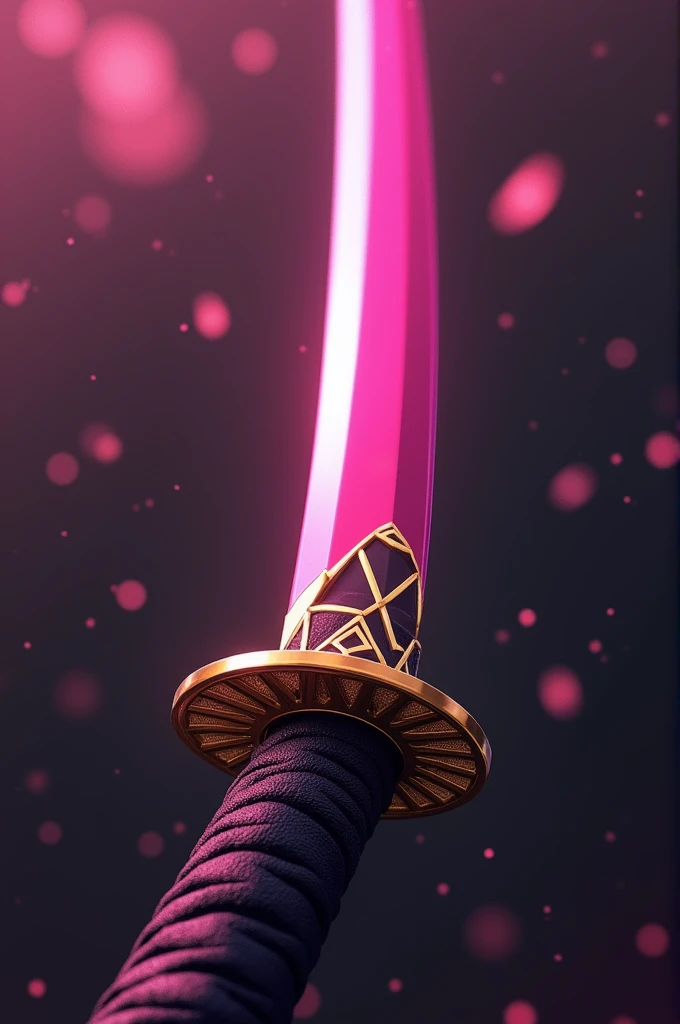 Japanese Katana Sword, with pink-toned blade, with gold triangle guard and black grip, anime styling