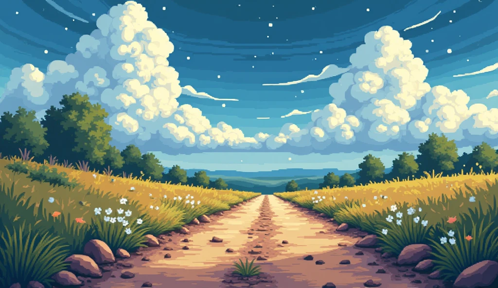 Create an 8-bit pixel art scene with a retro RPG game graphics style. The image should feature a dirt country road in a close-up view, with details like small rocks, scattered leaves, and tufts of grass along the road. The sky is a deep blue, representing dawn, with large, blocky clouds taking up much of the sky. In the background, faint starlight is visible, creating a nostalgic, low-quality dot graphics effect typical of old RPG games. The overall palette should include earthy browns for the road, greens for the grass, and varying shades of blue and white for the sky and cloud