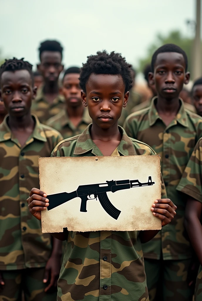 Young Nigerians holding poster with AK 47 dress in camouflage