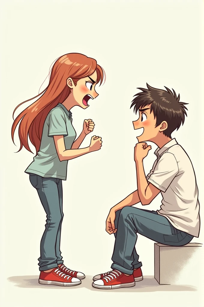 Draw an angry girl arguing with her boyfriend but he is not angry, He is looking at her with his head resting on his hand and smiling. (Use, quiero A drawing, not something in 3d, A drawing)