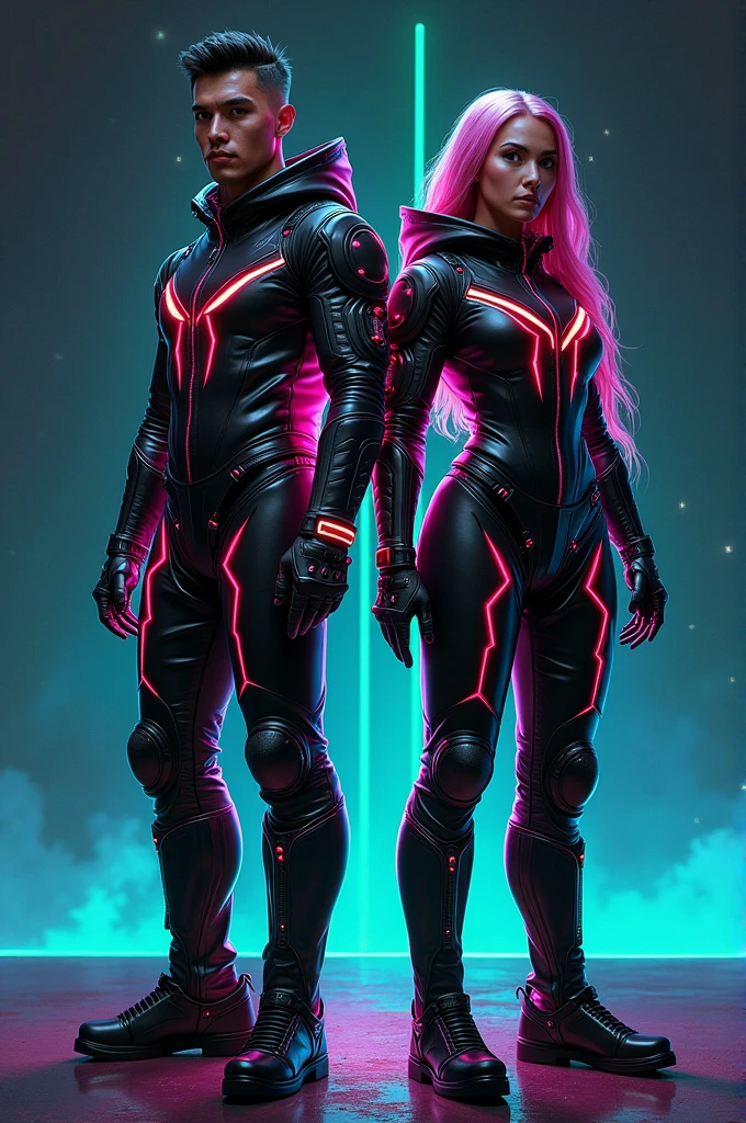 Galaxy Squad，1 male，1 female，group photo，Space suits inspired by rock culture with neon accents, pink and green neon stripes and accessories,  black leather space suit，black and chrome helmet：1.5，Cool，Luminescence