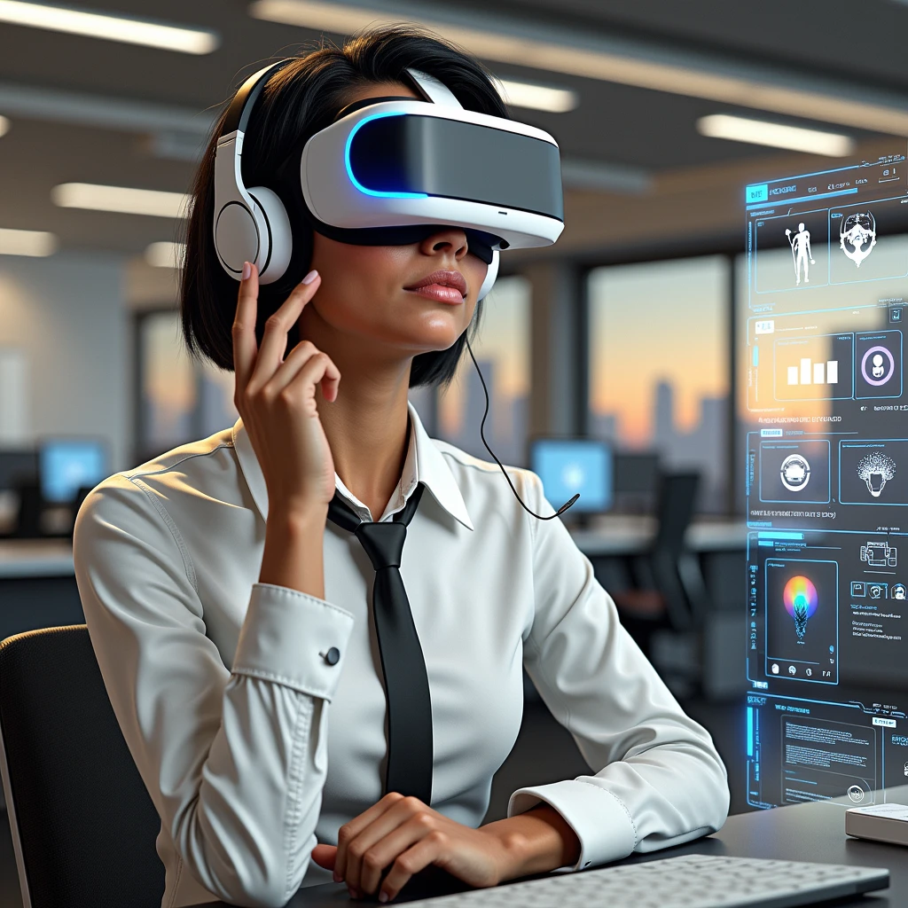 Create a photorealistic image of a young woman resembling Andy Allo, wearing a VR headset while working as a customer service representative in a futuristic setting. She has short, black hair and a warm skin tone. The woman is seated at a sleek desk with holographic interfaces surrounding her, indicating she is deeply focused on her tasks. Her posture and facial expression, visible beneath the headset, show intense concentration. The background includes a high-tech office space with large windows displaying a futuristic cityscape. The atmosphere should convey a sense of immersion and focus, with the VR technology enhancing her work environment.