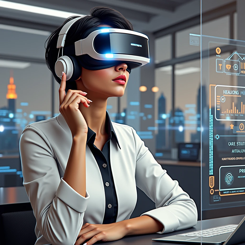 Create a photorealistic image of a young woman resembling Andy Allo, wearing a VR headset while working as a customer service representative in a futuristic setting. She has short, black hair and a warm skin tone. The woman is seated at a sleek desk with holographic interfaces surrounding her, indicating she is deeply focused on her tasks. Her posture and facial expression, visible beneath the headset, show intense concentration. The background includes a high-tech office space with large windows displaying a futuristic cityscape. The atmosphere should convey a sense of immersion and focus, with the VR technology enhancing her work environment.