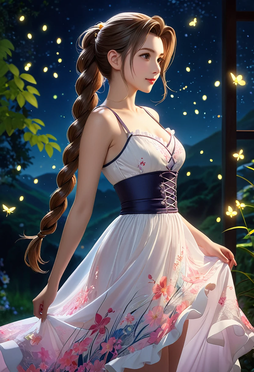 (((masterpiece))),((Highest quality)),beautiful girl, Aerith, Sexy witch, bangs、(Long Hair, Braided Ponytail:1.5)、(((Large, firm, swaying bust, Deep valley)))、2、Translucent white skin, Shining Sweat, (A gorgeous frilled dress with an intricate pattern:1.5)、Japanese、 Beautiful digital art, Beautiful fantasy art, Dynamic Selly Pose, A kind smile, Mysterious Background, aura, A gentle gaze, break, Small faint lights and flying fireflies, night, lanthanum,