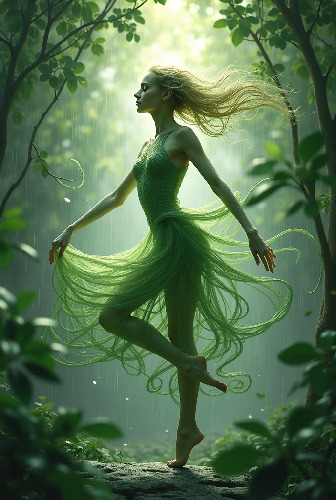 delicate, intricate leat veins
resembling delicate brushstrokes,
as tendrils of foliage swirl around
the figure, blurring the lines
between dancer and environment,
against a backdrop of gentle,
glistening raindrops