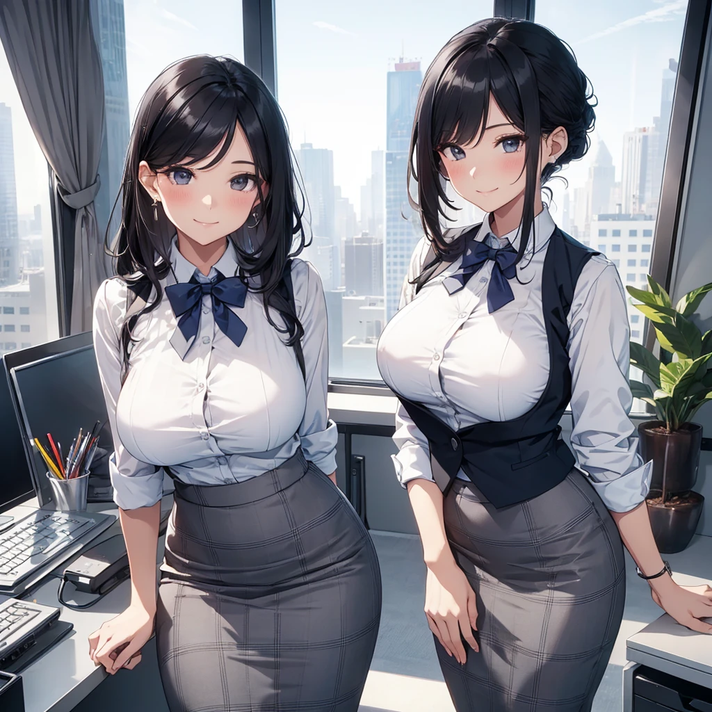 1lady standing, office worker, receptionist, (vest with white and gray checks:1.2) (navy pencil skirt) bowtie, mature female, /(black hair/) bangs, blush kind smile, (masterpiece best quality:1.2) delicate illustration ultra-detailed, large breasts BREAK (modern office indoors), window cityscape, detailed background