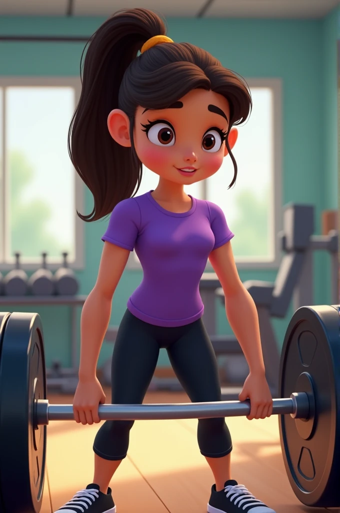 Disney-style poster with a girl in the gym, combed with ponytail dark brown hair and straight, Purple sleeved blouse and black sports leggings, black tennis shoes, doing deadlifts , In the background you can see dumbbells and machines