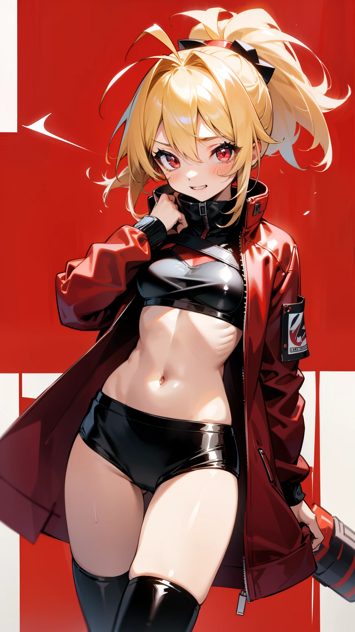 One Girl、alone、Shiny blonde hair、ponytail、Red eyes full of joy、Ahoge、Wearing a red leather jacket、Inside the jacket is wearing a black sports bikini、Black mini skirt、Black boots、Cowboy Shot