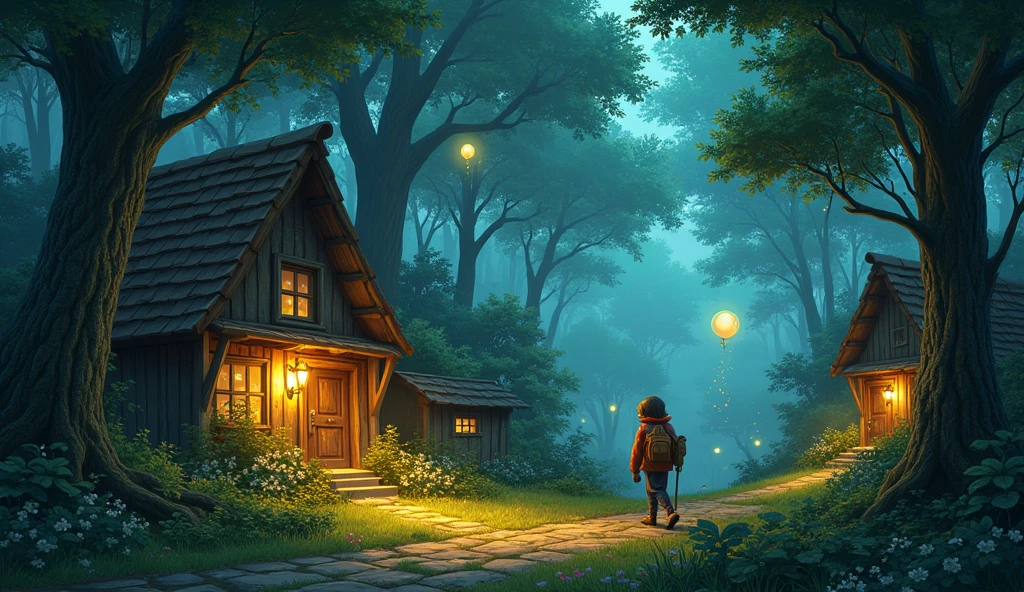 A quaint village nestled deep within a vibrant, enchanted forest. As the sun dips below the horizon, casting long, dancing shadows, a young villager discovers their pantry is empty. Strange, glowing orbs float mysteriously outside, leaving behind a trail of twinkling dust.