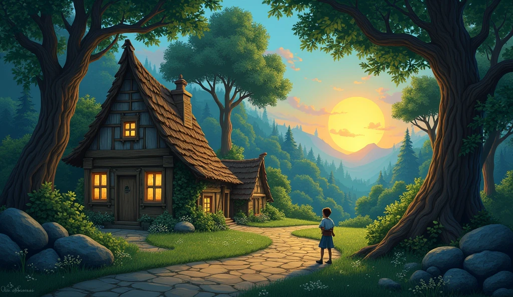 A quaint village nestled deep within a vibrant, enchanted forest. As the sun dips below the horizon, casting long, dancing shadows, a young villager discovers their pantry is empty. Strange, glowing orbs float mysteriously outside, leaving behind a trail of twinkling dust.