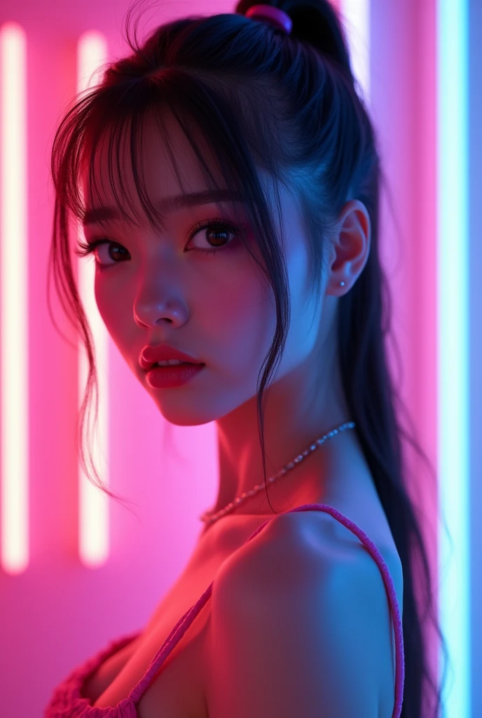 (full body shot, slim waist, body:1.4), a super cute e-girl, beautiful detailed eyes, beautiful detailed lips, extremely detailed face, long eyelashes, cute outfit, neon lights, glowing skin, glossy makeup, colorful eyeshadow, pastel colors, kawaii aesthetic, cinematic lighting, 8k, high quality, photorealistic, detailed, digital art, detailed cute shorts