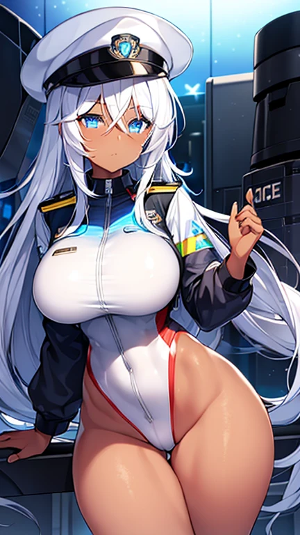 1girl, dark skin, dark-skinned female, police uniform, police, white hair, long hair, blue eyes, police hat, large , thick thighs, futuristic, neon trim, science-fiction, machinery, tech, blue trim, glowing eyes, toned, cute face, mature , hourglass figure, neon, one-piece swimsuit, competition swimsuit, medal, black swimsuit, badge, police badge, ((badge)), tall