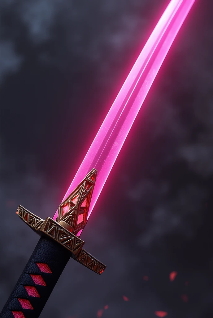 Japanese Katana Sword, with pink-toned blade, with gold triangle guard and black grip, anime styling