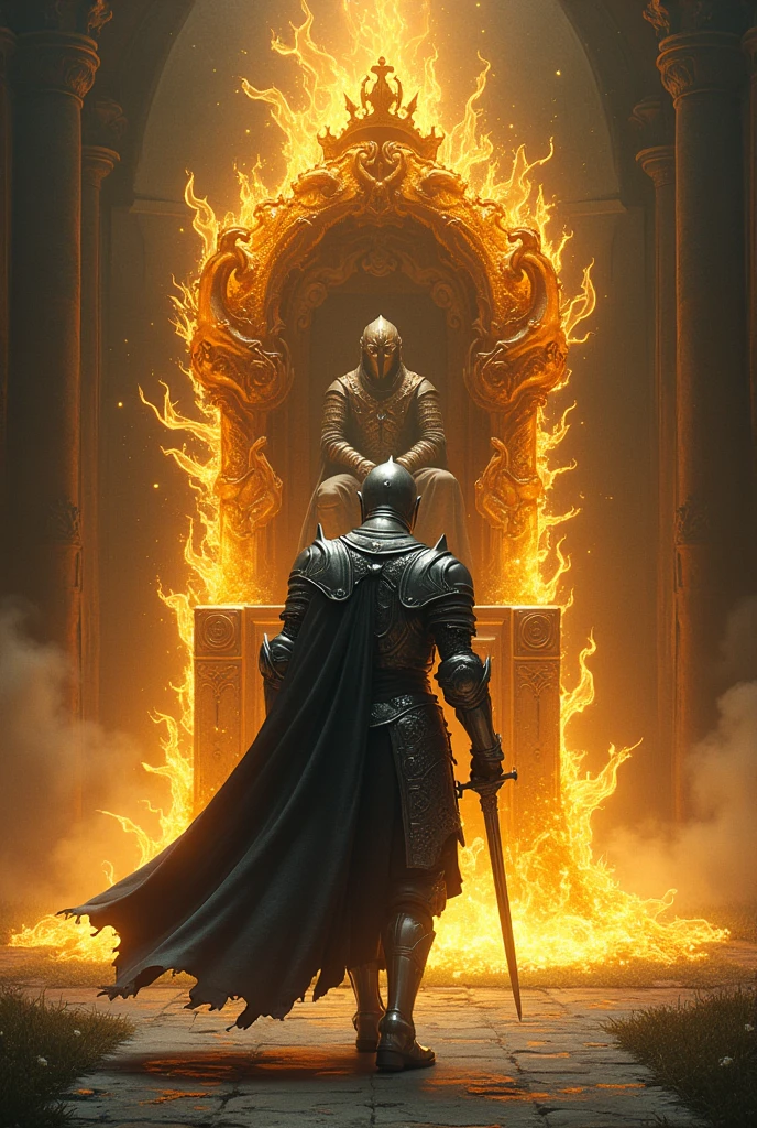 The knight, wearing silver dragon armor and holding a sword, walks towards a throne full of thorns.,The thorns shine with golden light,On the throne sat a pagan wearing a crown