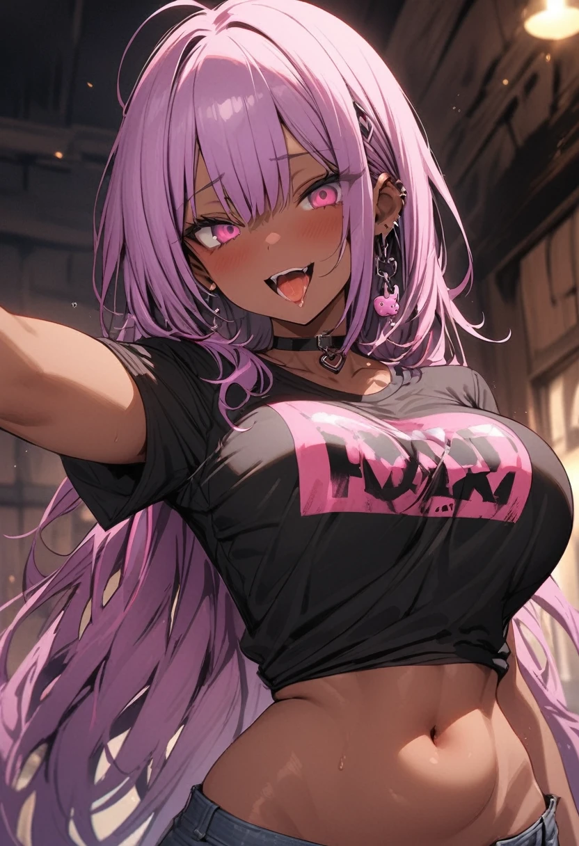 ((masterpiece,High resolution,Highest quality))
(2,A dark skinned woman,Very small waist,Super big breasts)(Erection atmosphere,Charm)
(Purple hair short,bangs,Square Blade,Dark Skin,Pink Eyes,poorly eyes)
(black t-shirts,Denim shorts,belly button)Adult Toys, choker, sexual features
