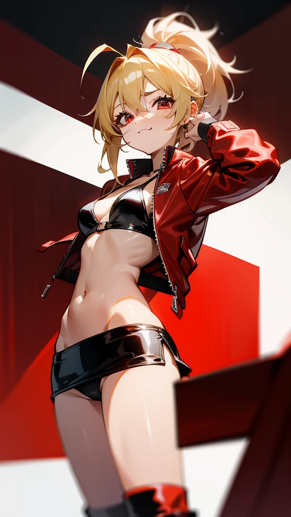 One Girl、alone、Shiny blonde hair、ponytail、Red eyes full of joy、Ahoge、Wearing a red leather jacket、Inside the jacket is wearing a black sports bikini、Black mini skirt、Black boots、Cowboy Shot