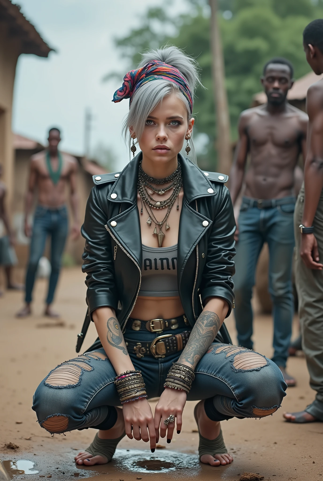 russian milf woman, grey  hair (top bun, shaved sides), colourful bandana as headband, with very light blue eyes, extremely pale skin. Wearing tight cropped aged black moto jacket studded collar) with lots of zippers and pins, flipped up collar. Worn skinny dark low rise blue jeans with patches, wet knees. Wrinkled cropped t-shirt with gothic letters. Barefoot, with bracelets around ankles. Chain around hips like belts. Dirty knees, dirty feet and muddy hands. Wide studded belt. Lots of metallic bracelets, lots of boho pendants and lots of colourful beads collars. Long huge boho. Chains around the hips. Squatting on a puddle with hands on her hips, looking up, chin up, stretching her neck , humble facial expression. Bracelets in ankles and rings in fingers. Black nail polish. studded black leather tote bag with chain on the floor, next to her.. Listening looking up in amazement to somebody speaking to her from the sky, upper teeth visible. Well toned abdominals, thin neck, slim legs and thin arms. Narrow hips Cleavage, stomach, neck, tigh and hands completely covered with tattoos. Dirt street in Kenyan village full of waste. A lot of tanned shirtless fat men in jeans around looking at her. next to her, all her belongings scattered on the floor: tobacco packs, makeup kit, little makeup mirror, studded black leather tote bag, lipstick, wallet, moble etc on the floor, point of view; from above