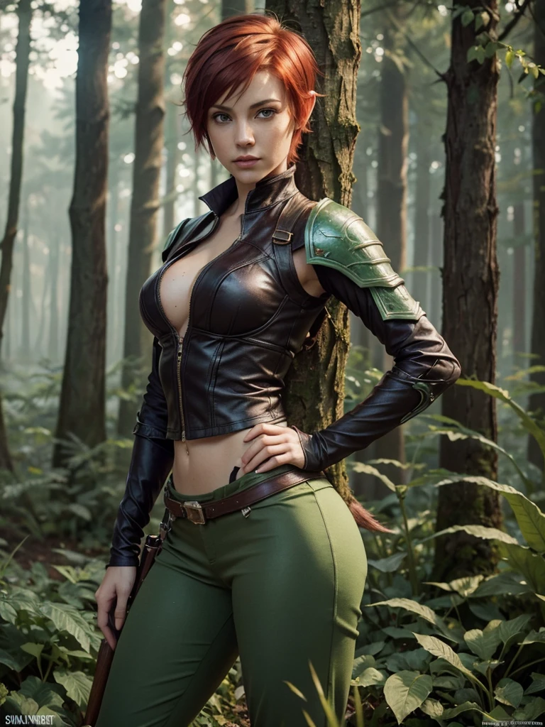 slim feminine figure, redhead, best quality, realistic skin texture, photography, film grain texture and high contrast, extremely high-resolution details, photographic, photorealistic, hyper-realistic, HDR, masterpiece, ((short pixie hair)), dressed up as a night elf hunter from world of warcraft, full green hunter armor, a green lust forest in the background, brown pants