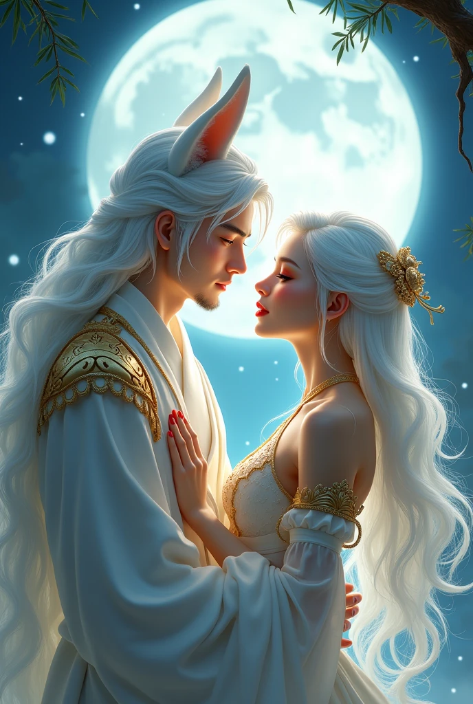 1 woman, 1 man, white hair, red lips , gorgeous, white and gold garment, fox ears, moonlight, Chinese 2d animation,ultra high resolution, 8k, 
