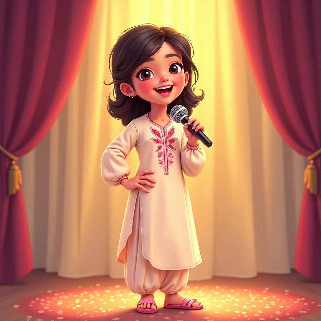Lily, (highest quality, 4k, masterpiece:1.3), A young Pakistani Muslim girl wearing a traditional cream shalwar kameez with pink floral embroidery. Her hair is styled in a neat bun with loose strands framing her face. She stands with one hand on her hip, holding the microphone with the other hand, laughing joyfully. The image is in a 2D animation style, with bright colors, cartoonish features, and soft, smooth shading. The background shows soft curtains, warm stage lighting, and a playful, joyful atmosphere. Clear outlines, simple textures, and an illustrated, digital painting look. (Cream shalwar kameez, pink floral embroidery, consistent outfit:1.3)