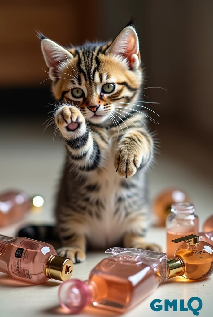 An adorable tabby kitten, standing on its hind legs, She is applying Paco Rabanne perfume to her armpits with a paw. His expression is serious and focused., as if an important beauty ritual were taking place. Around it, on the floor, There are several perfume bottles of different brands and sizes scattered around, some overturned and with the liquid coming out. In the lower right corner of the image, you can clearly read the word "GMLQ" in big, colorful letters.