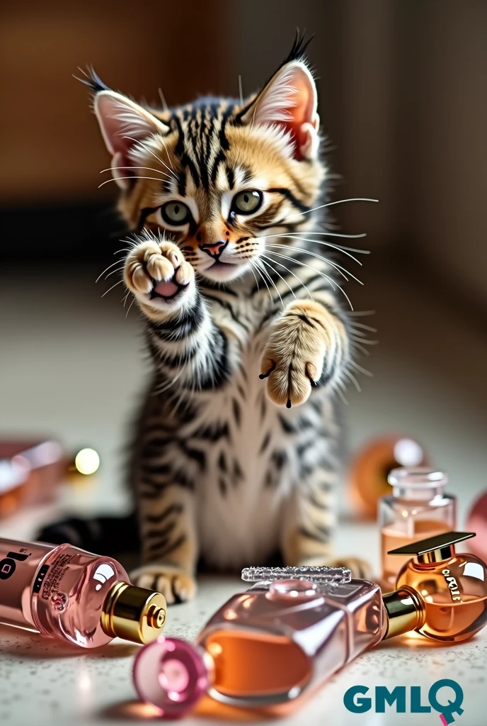 An adorable tabby kitten, standing on its hind legs, She is applying Paco Rabanne perfume to her armpits with a paw. His expression is serious and focused., as if an important beauty ritual were taking place. Around it, on the floor, There are several perfume bottles of different brands and sizes scattered around, some overturned and with the liquid coming out. In the lower right corner of the image, you can clearly read the word "GMLQ" in big, colorful letters.