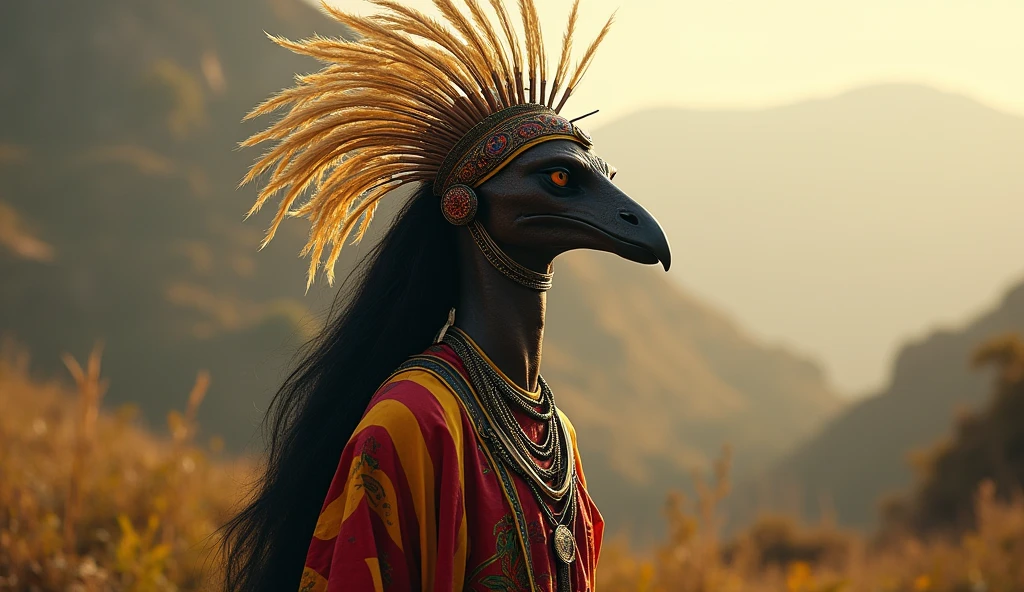 Uganda as an african League of Legend creature in striped black, red and yellow colors with a crowned crane. Intricated clothing. Cinematic Fantasy sci-fi landscape background