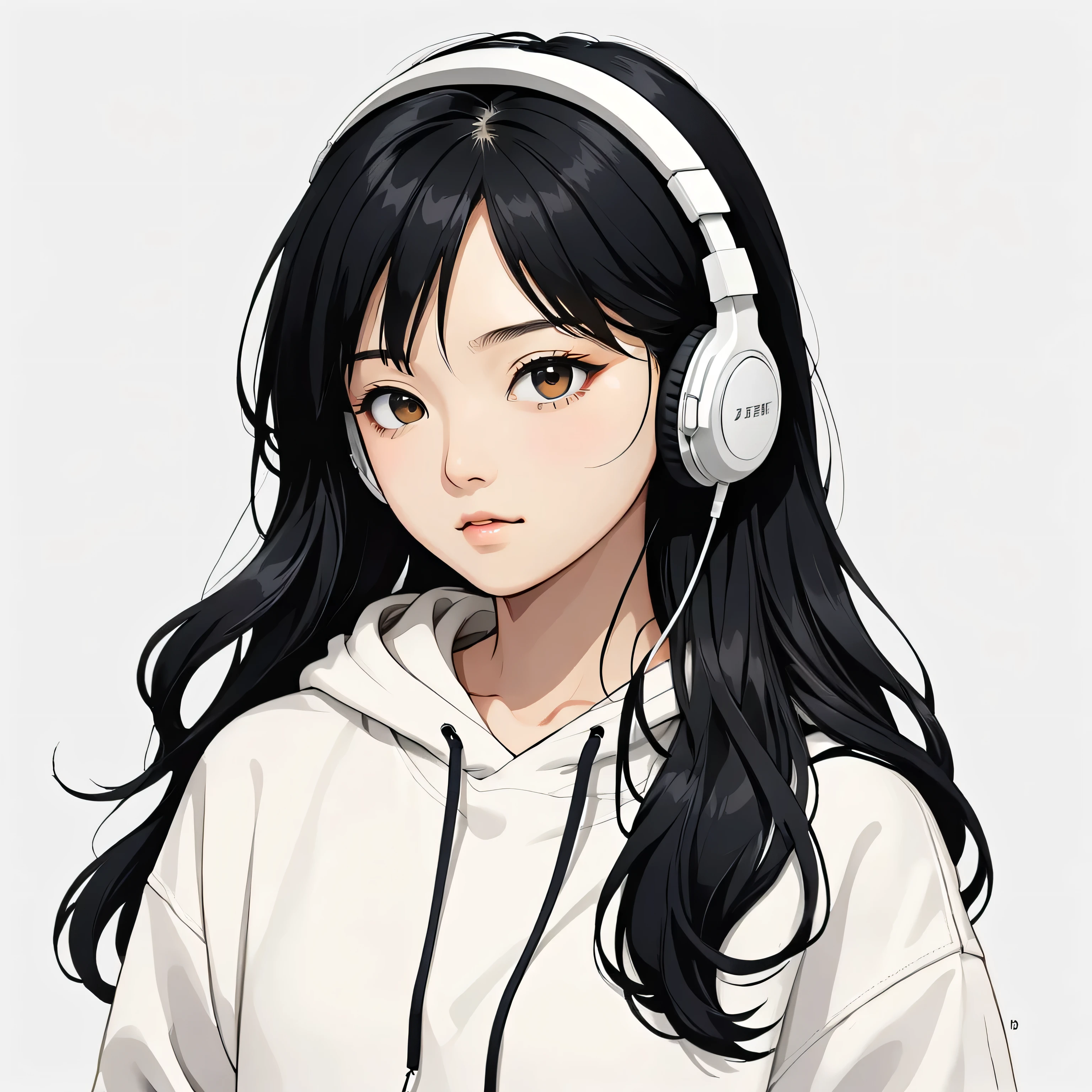 Headphones、Black Hair、Long Hair、close ~ eye、White hoodie、Upper Body、Simple Background、、Japanese