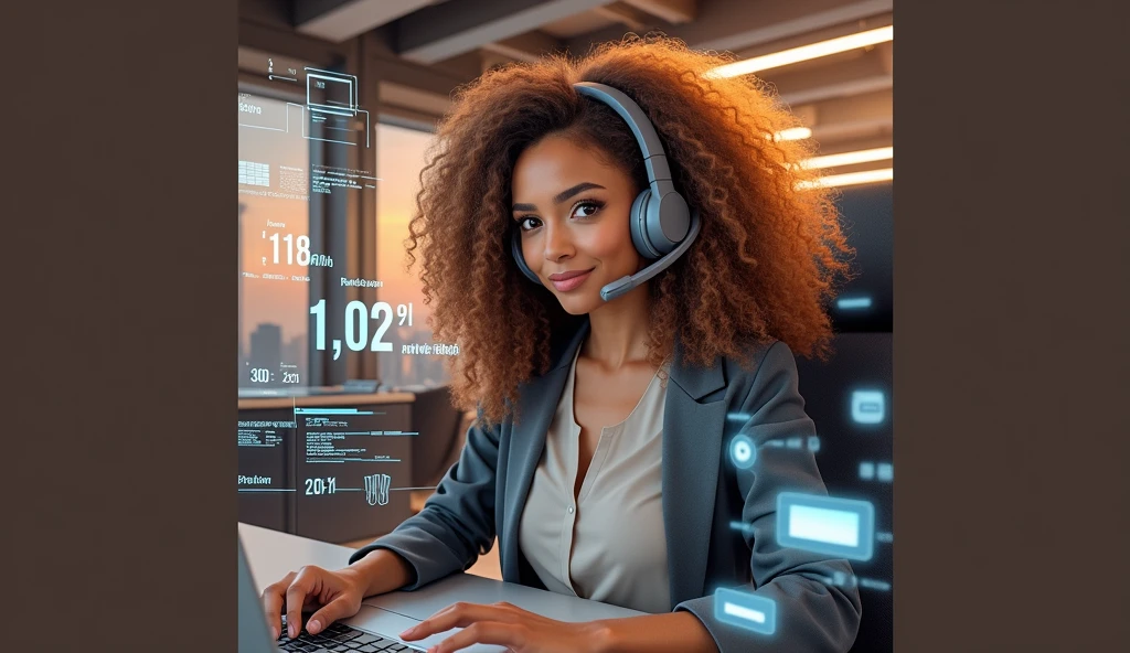 Create an image of a young woman resembling Andy Allo, working as a customer service representative in a futuristic setting. She has medium-length, curly hair with a golden brown hue and a warm skin tone. She is wearing a casual yet professional outfit, like a fitted jacket over a simple blouse. The setting around her is a high-tech office space with holographic screens and digital interfaces floating around her. She is seated at a sleek desk with a headset on, and her expression is focused yet approachable, capturing the charm and elegance similar to Andy Allo. The background features large windows showing a cityscape with tall buildings and a bright, clear sky.