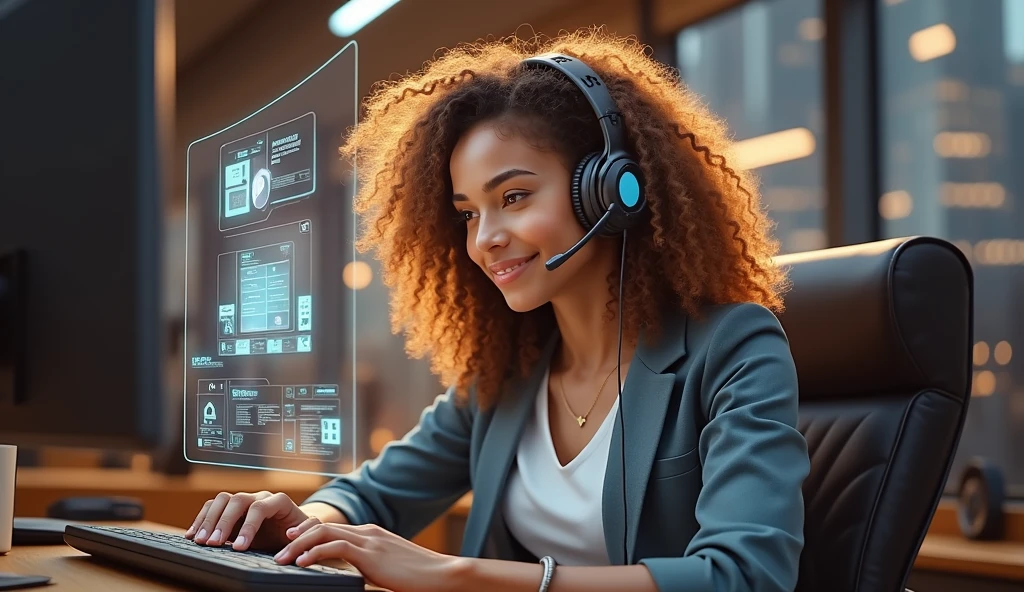 Create an image of a young woman resembling Andy Allo, working as a customer service representative in a futuristic setting. She has medium-length, curly hair with a golden brown hue and a warm skin tone. She is wearing a casual yet professional outfit, like a fitted jacket over a simple blouse. The setting around her is a high-tech office space with holographic screens and digital interfaces floating around her. She is seated at a sleek desk with a headset on, and her expression is focused yet approachable, capturing the charm and elegance similar to Andy Allo. The background features large windows showing a cityscape with tall buildings and a bright, clear sky.