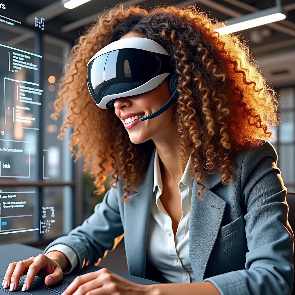 Create an image of a young woman resembling Andy Allo, working as a customer service representative in a futuristic setting. She has medium-length, curly hair with a golden brown hue and a warm skin tone. She is wearing a casual yet professional outfit, like a fitted jacket over a simple blouse. The setting around her is a high-tech office space with holographic screens and digital interfaces floating around her. She is seated at a sleek desk with a headset on, and her expression is focused yet approachable, capturing the charm and elegance similar to Andy Allo. The background features large windows showing a cityscape with tall buildings and a bright, clear sky.