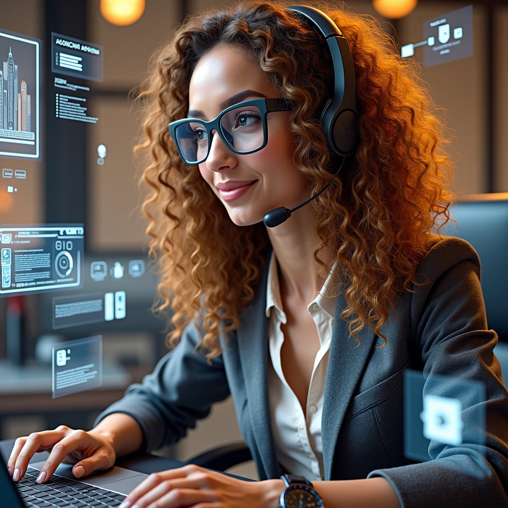 Create an image of a young woman resembling Andy Allo, working as a customer service representative in a futuristic setting. She has medium-length, curly hair with a golden brown hue and a warm skin tone. She is wearing a casual yet professional outfit, like a fitted jacket over a simple blouse. The setting around her is a high-tech office space with holographic screens and digital interfaces floating around her. She is seated at a sleek desk with a headset on, and her expression is focused yet approachable, capturing the charm and elegance similar to Andy Allo. The background features large windows showing a cityscape with tall buildings and a bright, clear sky.