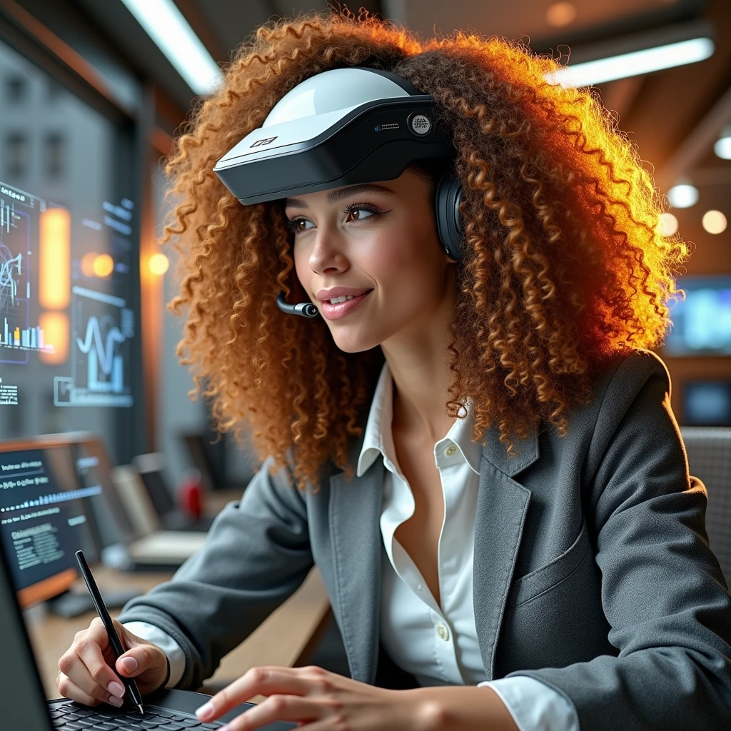 Create an image of a young woman resembling Andy Allo, working as a customer service representative in a futuristic setting. She has medium-length, curly hair with a golden brown hue and a warm skin tone. She is wearing a casual yet professional outfit, like a fitted jacket over a simple blouse. The setting around her is a high-tech office space with holographic screens and digital interfaces floating around her. She is seated at a sleek desk with a headset on, and her expression is focused yet approachable, capturing the charm and elegance similar to Andy Allo. The background features large windows showing a cityscape with tall buildings and a bright, clear sky.