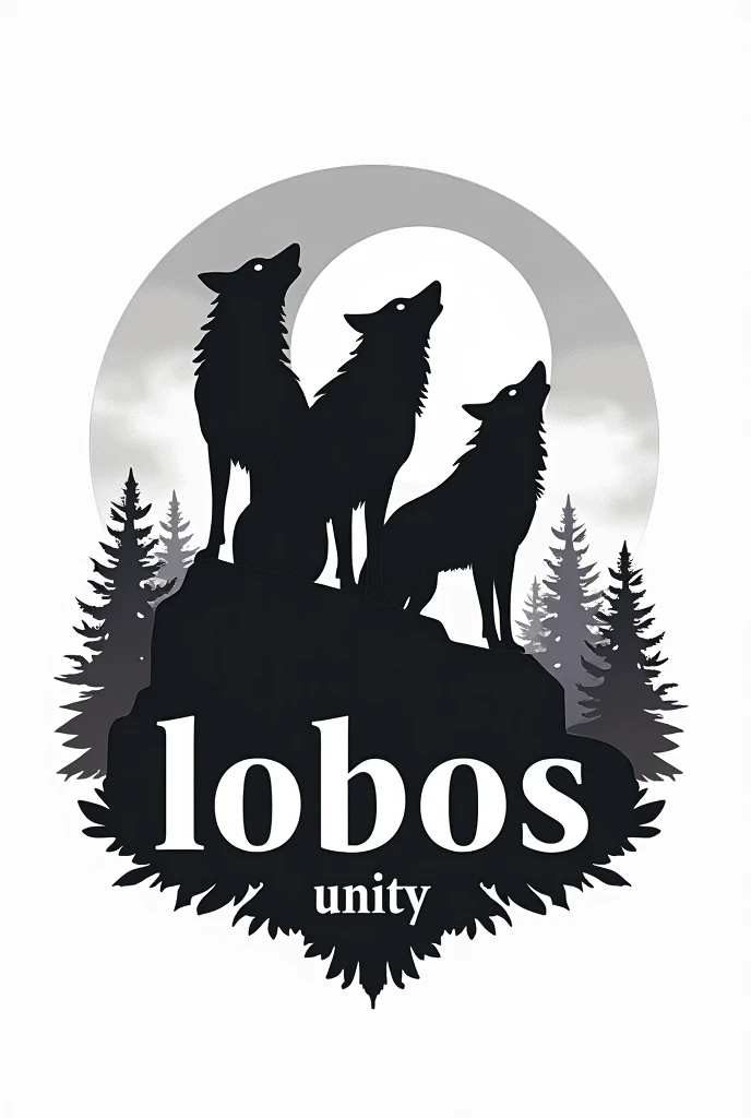Create a logo for me with 3 wolves on top of a hill with a forest and a moon in the background., with the name "lobos" below the wolves and the name "unity" abaixo do nome lobos, with black and white as the main colors
