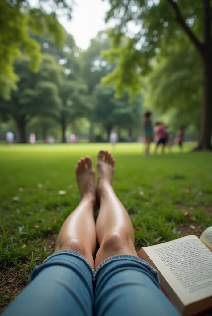 Realistic first person view photo of a woman&#39;s legs in a park with a book in the bottom right corner 
