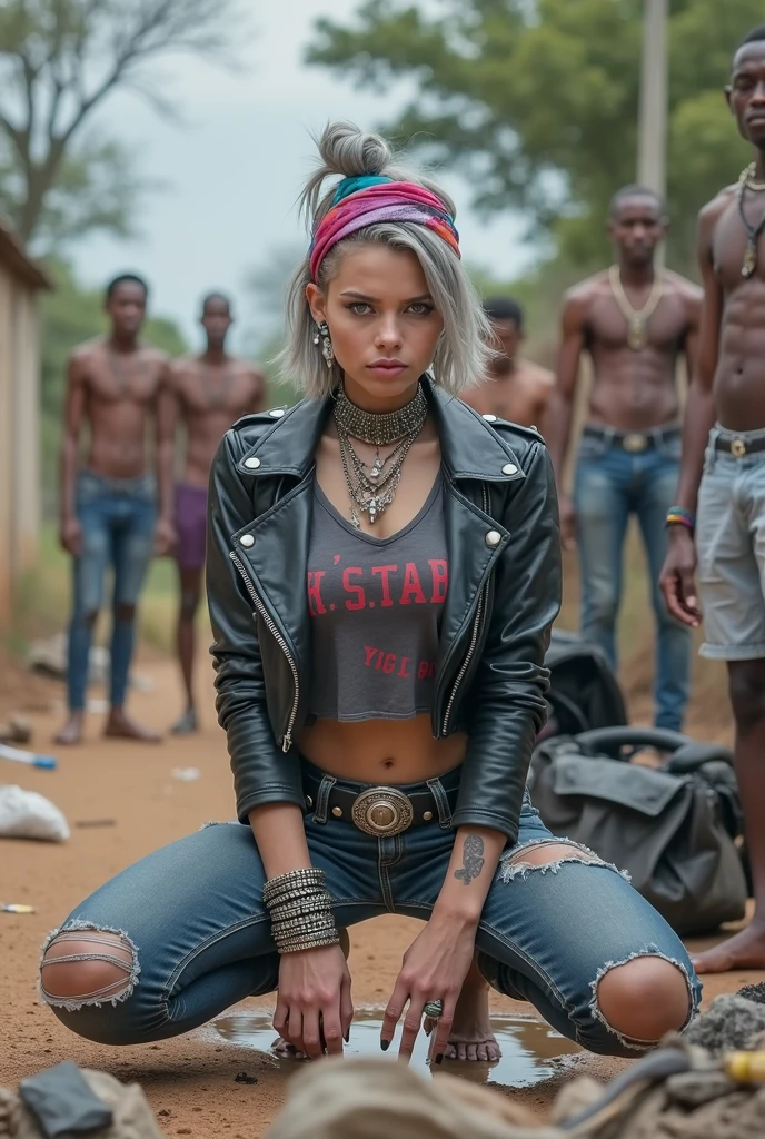 russian milf woman, grey  hair (top bun, shaved sides), colourful bandana as headband, with very light blue eyes, extremely pale skin. Wearing tight cropped aged black moto jacket studded collar) with lots of zippers and pins, flipped up collar. Worn skinny dark low rise blue jeans with patches, wet knees. Wrinkled cropped t-shirt with gothic letters. Barefoot, with bracelets around ankles. Chain around hips like belts. Dirty knees, dirty feet and muddy hands. Wide studded belt. Lots of metallic bracelets, lots of boho pendants and lots of colourful beads collars. Long huge boho. Chains around the hips. Squatting on a puddle with hands on her hips, looking up, chin up, stretching her neck , humble facial expression. Bracelets in ankles and rings in fingers. Black nail polish. studded black leather tote bag with chain on the floor, next to her.. Listening looking up in amazement to somebody speaking to her from the sky, upper teeth visible. Well toned abdominals, thin neck, slim legs and thin arms. Narrow hips Cleavage, stomach, neck, tigh and hands completely covered with tattoos. Dirt street in Kenyan village full of waste. A lot of tanned shirtless fat men in jeans around looking at her. next to her, all her belongings scattered on the floor: tobacco packs, makeup kit, little makeup mirror, studded black leather tote bag, lipstick, wallet, moble etc on the floor, point of view; from above