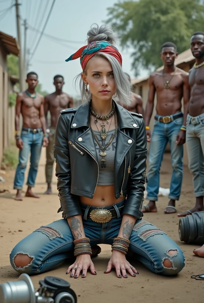 russian milf woman, grey  hair (top bun, shaved sides), colourful bandana as headband, with very light blue eyes, extremely pale skin. Wearing tight cropped aged black moto jacket studded collar) with lots of zippers and pins, flipped up collar. Worn skinny dark low rise blue jeans with patches, wet knees. Wrinkled cropped t-shirt with gothic letters. Barefoot, with bracelets around ankles. Chain around hips like belts. Dirty knees, dirty feet and muddy hands. Wide studded belt. Lots of metallic bracelets, lots of boho pendants and lots of colourful beads collars. Long huge boho. Chains around the hips. Squatting on a puddle with hands on her hips, looking up, chin up, stretching her neck , humble facial expression. Bracelets in ankles and rings in fingers. Black nail polish. studded black leather tote bag with chain on the floor, next to her.. Listening looking up in amazement to somebody speaking to her from the sky, upper teeth visible. Well toned abdominals, thin neck, slim legs and thin arms. Narrow hips Cleavage, stomach, neck, tigh and hands completely covered with tattoos. Dirt street in Kenyan village full of waste. A lot of tanned shirtless fat men in jeans around looking at her. next to her, all her belongings scattered on the floor: tobacco packs, makeup kit, little makeup mirror, studded black leather tote bag, lipstick, wallet, moble etc on the floor, point of view; from above