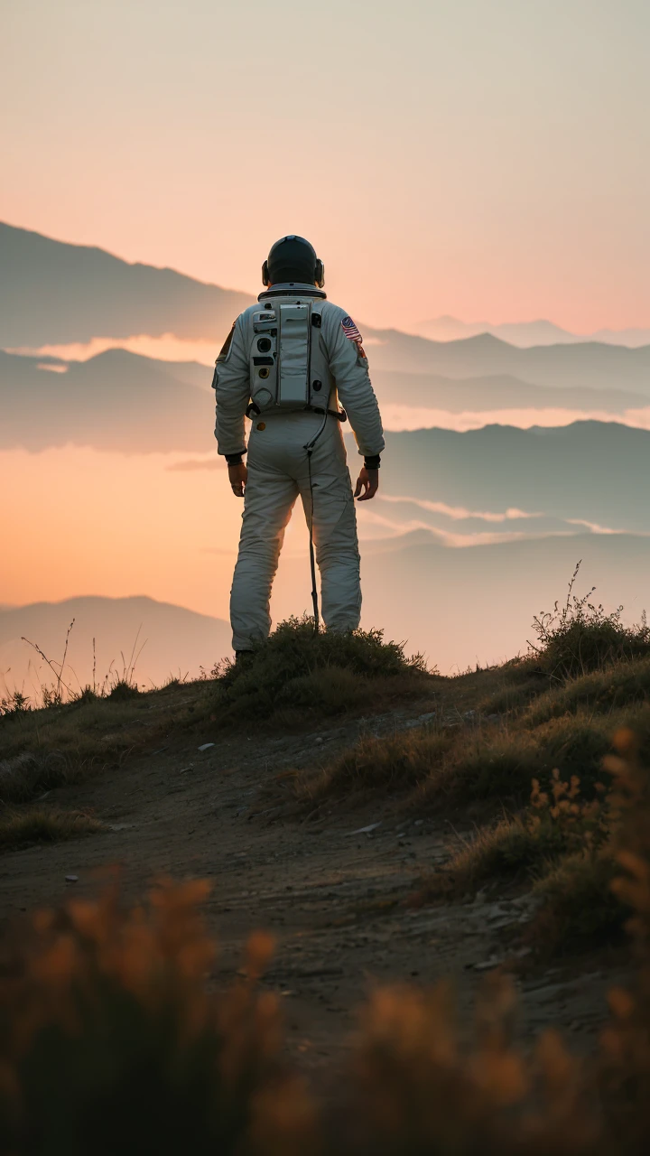 1 astronaut, vintage style, standing position,  looking ahead at viewer, standing alone, wilderness, ((work of art)), (best qualityer), (extremely detaild), Depth of field, dark intense shadows, sharp focus, dramatic lighting, HDR, colorfully, good composition, Red Sky, Amazing