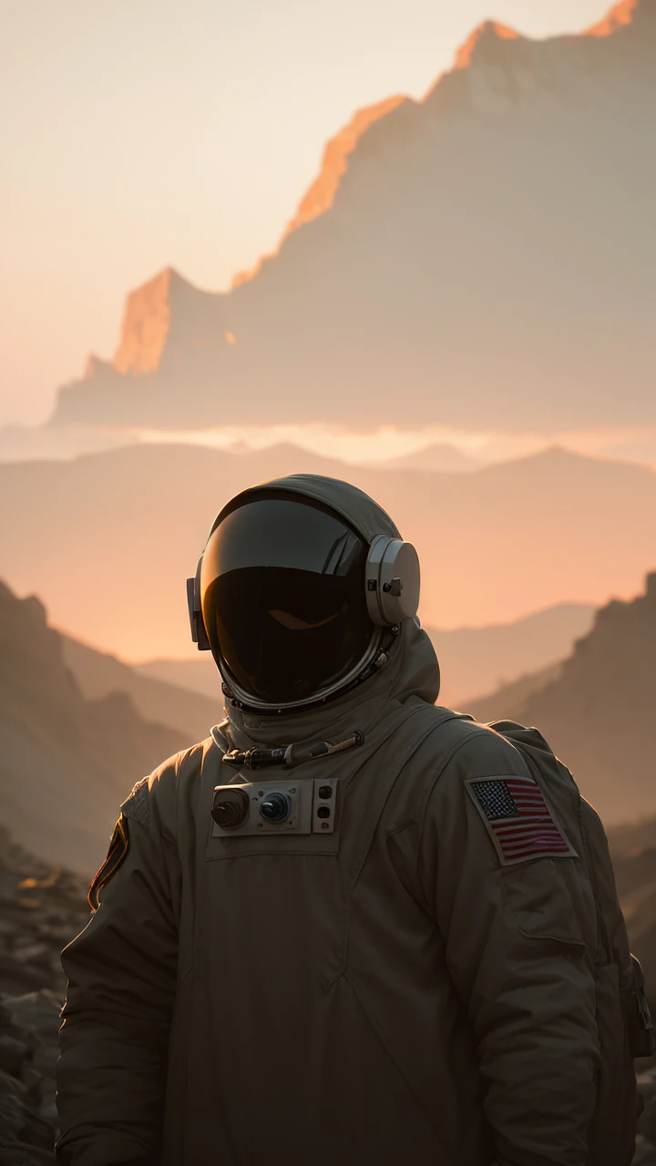 1 astronaut, vintage style, standing position,  looking ahead at viewer, standing alone, wilderness, ((work of art)), (best qualityer), (extremely detaild), Depth of field, dark intense shadows, sharp focus, dramatic lighting, HDR, colorfully, good composition, Red Sky, Amazing