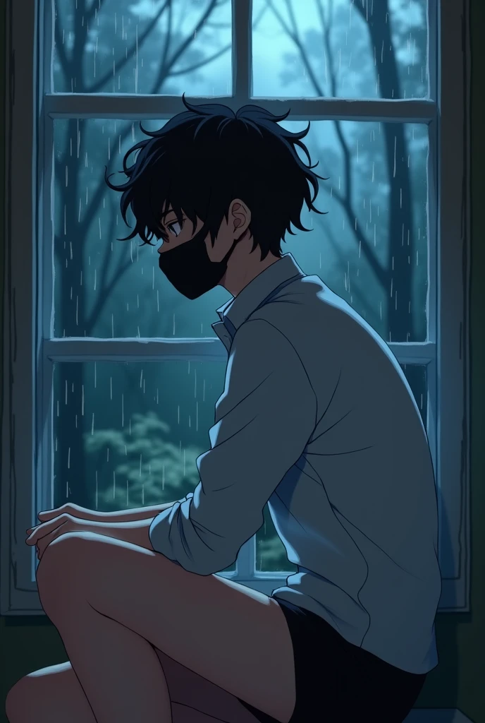 Anime boy with curly black hair, wearing a white dress shirt with long sleeves and black boxer briefs wearing a black surgical mask sitting in an anime pose in front of a window with a rainy forest landscape at night, realistic anime 3d style, Ilya Kuvshinov. 4K, anime styling, photorealistic anime, Guweis style, Anime CG Art