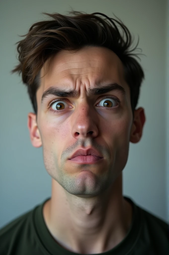 A person with a face of extreme disappointment, staring into the camera with wide eyes.
