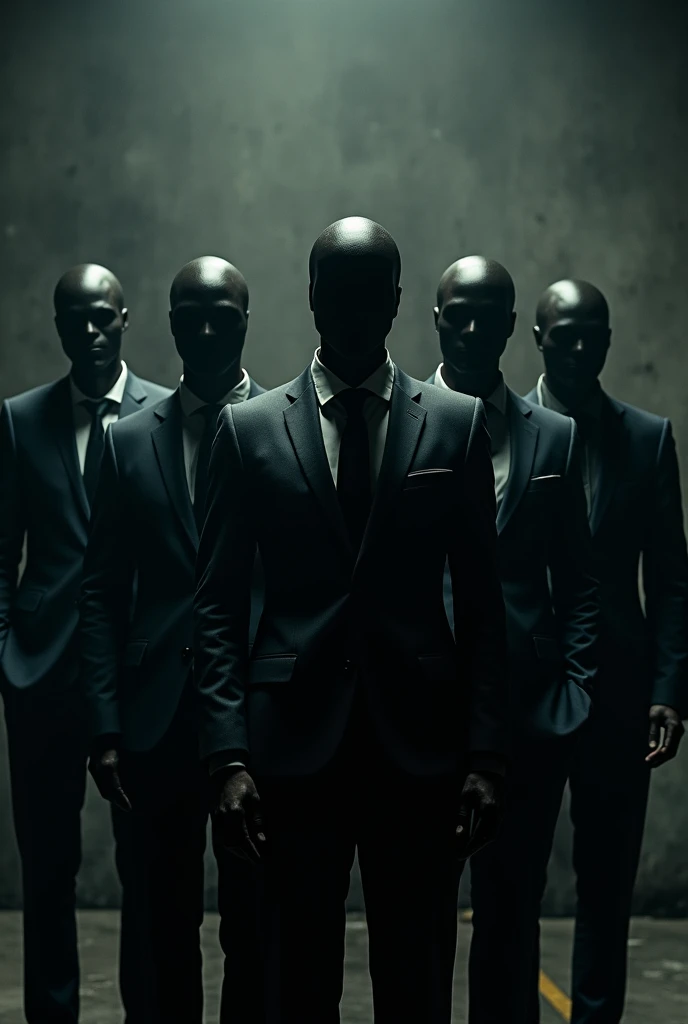 A photo of 6 criminals in suits and masks