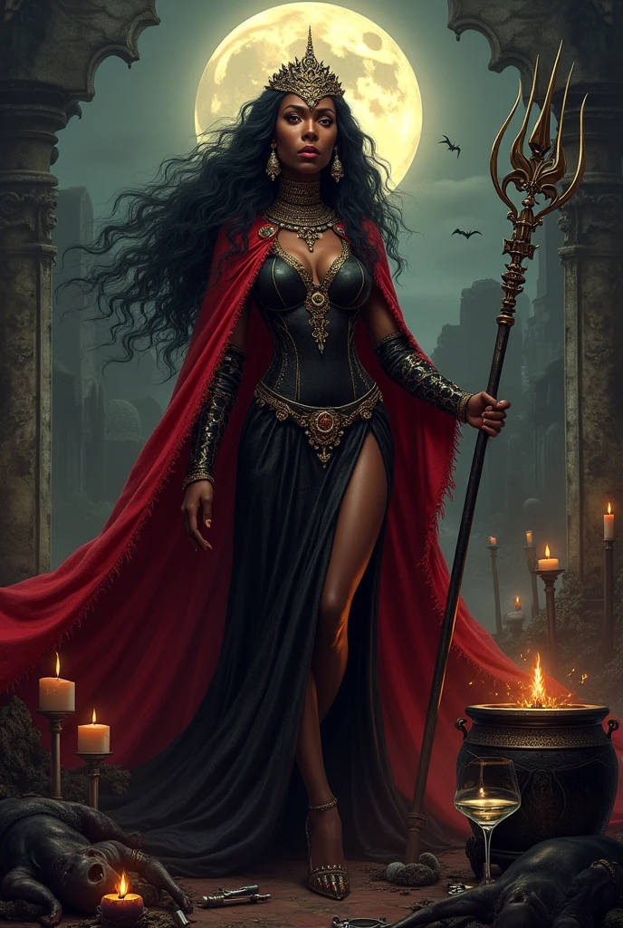 (photorealism:1.2), black beautiful african woman, goddess queen hell, Chandeliers. candles, long wavy fur, wind. Macabre humorous laughter, evil, blood on hands. Cigarettes, glass of champagne, cauldron, Red eyes. corona, black feathers, Skins, black goat, dead men, spirits, cemetery, red cape, shoulder pads, naked, trident, Knives, men watching, naked naked woman, african , illuminated, mucho wind fuerte , keys, jewelry, full moon