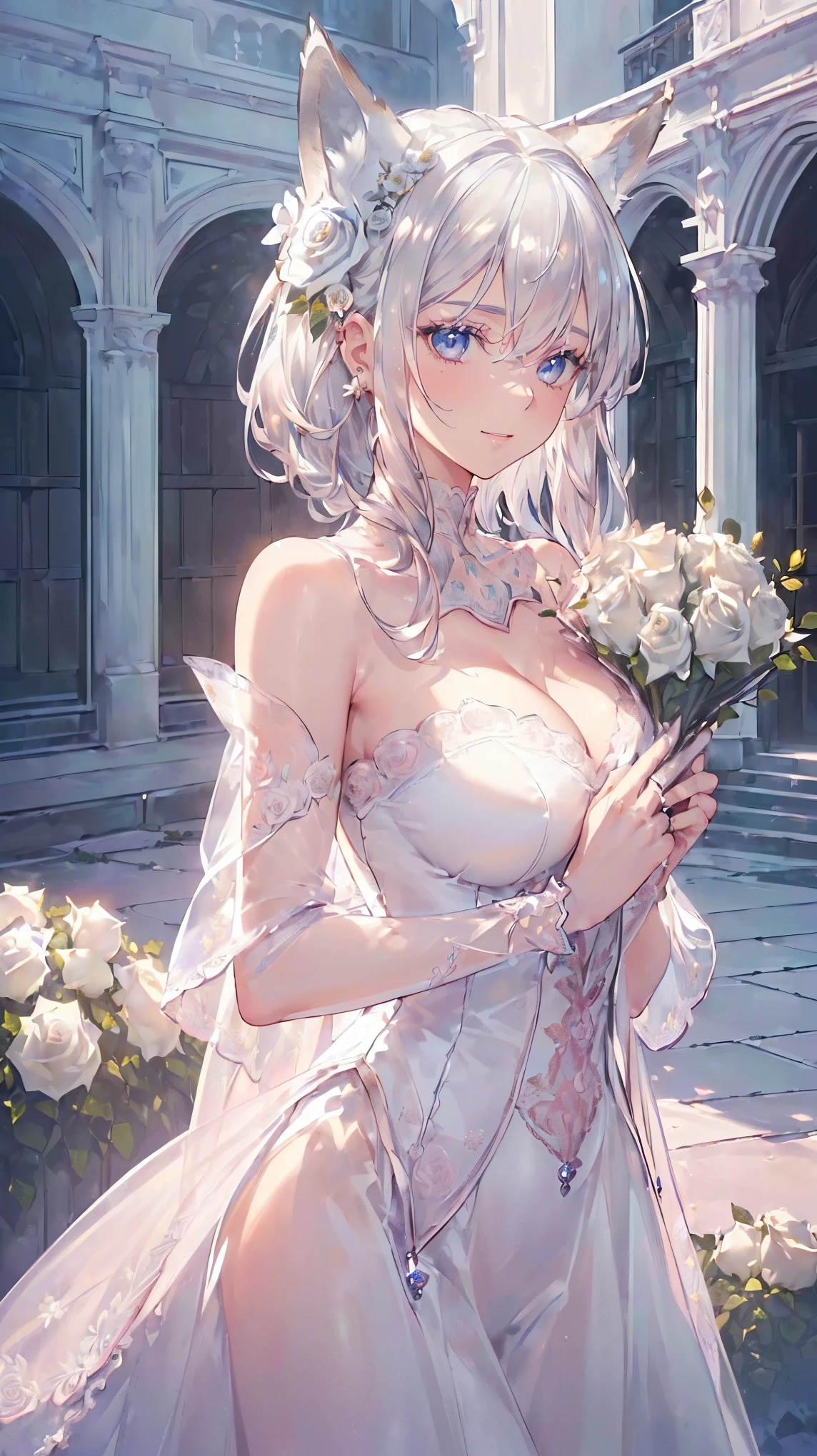 (((Masterpiece))), (((Highest quality))), ((Ultra-detailed)), ((Super fine illustration)), ((Ultra-fine painting)), ((16K highest quality wallpaper:1.4), (Upper body:1.6), (Highly detailed and delicate illustration style:1.8), Detailed skin texture, Detailed cloth texture, Detailed rose flower texture, Extreme detailed description, (Highly detailed face:1.4), (Highly beautiful and detailed Silver fox ears:1.2), (Highly beautiful and detailed Silver hair:1.2), (Highly beautiful and detailed Blue eyes:1.2), Original, RAW photo, Professional, Intricate details, Super details, Perfect anatomy:1.4, Highly detailed hands, Highly detailed fingers, Highly detailed fingertips, (27-years-old:1.4), (Sexy), (Sexy), (Solo:1.6), (A very beautiful and attractive Silver fox female fashion model:1.4))
BRAKE
((Beautiful and adorable Silver fox ears:1.6), (Highly detailed and delicate Silver fox ears:1.2), (Beautiful and well-shaped big breasts:1.2), Beautiful and well-shaped buttocks, (Beautiful and shiny Silver hair:1.6), (Highly detailed and delicate Silver hair:1.2), (Beautiful clear blue eyes:1.6), (Highly detailed and delicate blue eyes:1.2), (Highly detailed face:1.4), (Smile:1.4), (Looking at viewer:1.4), (Standing:1.4), (Celebration:1.4))
BRAKE
((A beautiful and gorgeous Cleavage Off-the-shoulder-princess-dress that is detailed and delicate to be worn at celebratory occasions:1.4))
BRAKE
((Holding in both hands a large bouquet of highly detailed and delicate ((white and pink roses:1.2)):1.6))
BRAKE
(((Just after noon:1.4), (Celebration:1.4), (Highly detailed and delicate white rose flower and pink rose flower garden background:1.4), Highly detailed and delicate royal palace courtyard background in just after noon:1.4))
BRAKE